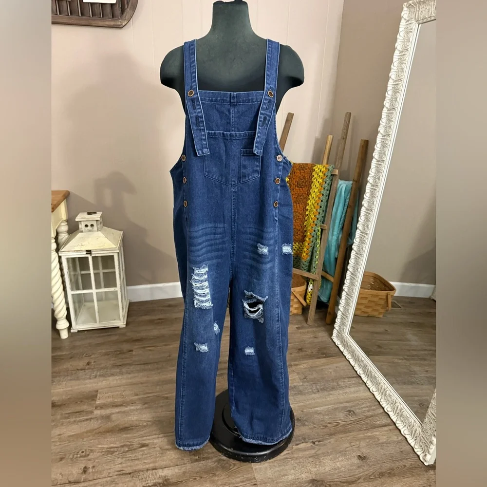 Wide Leg Distressed Oversized Jean Overalls - Picture 8 of 14